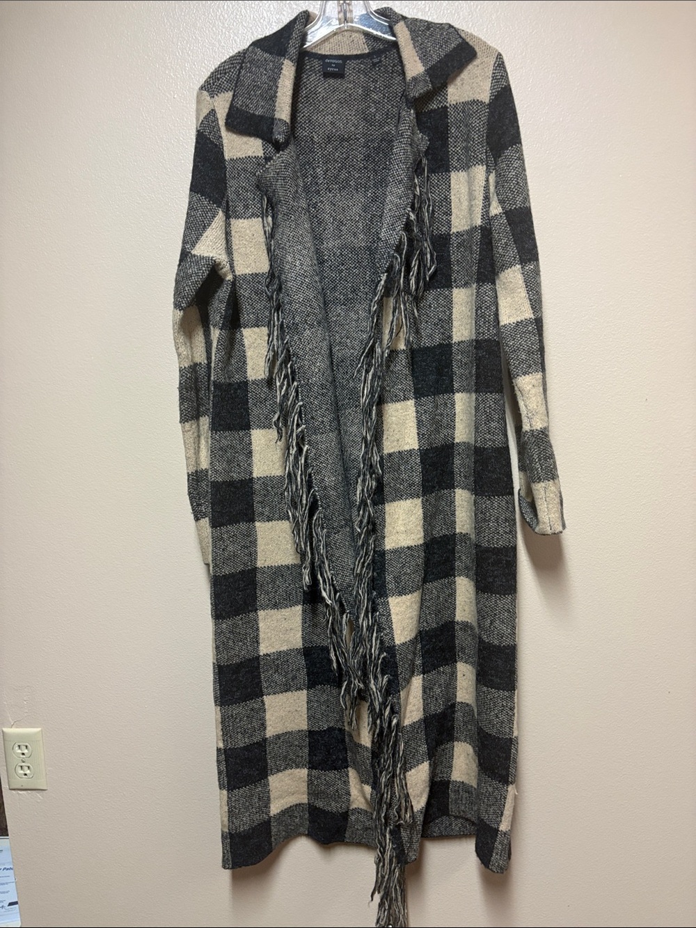 Cyrus Black & Cream Plaid Fringe Long Cardigan